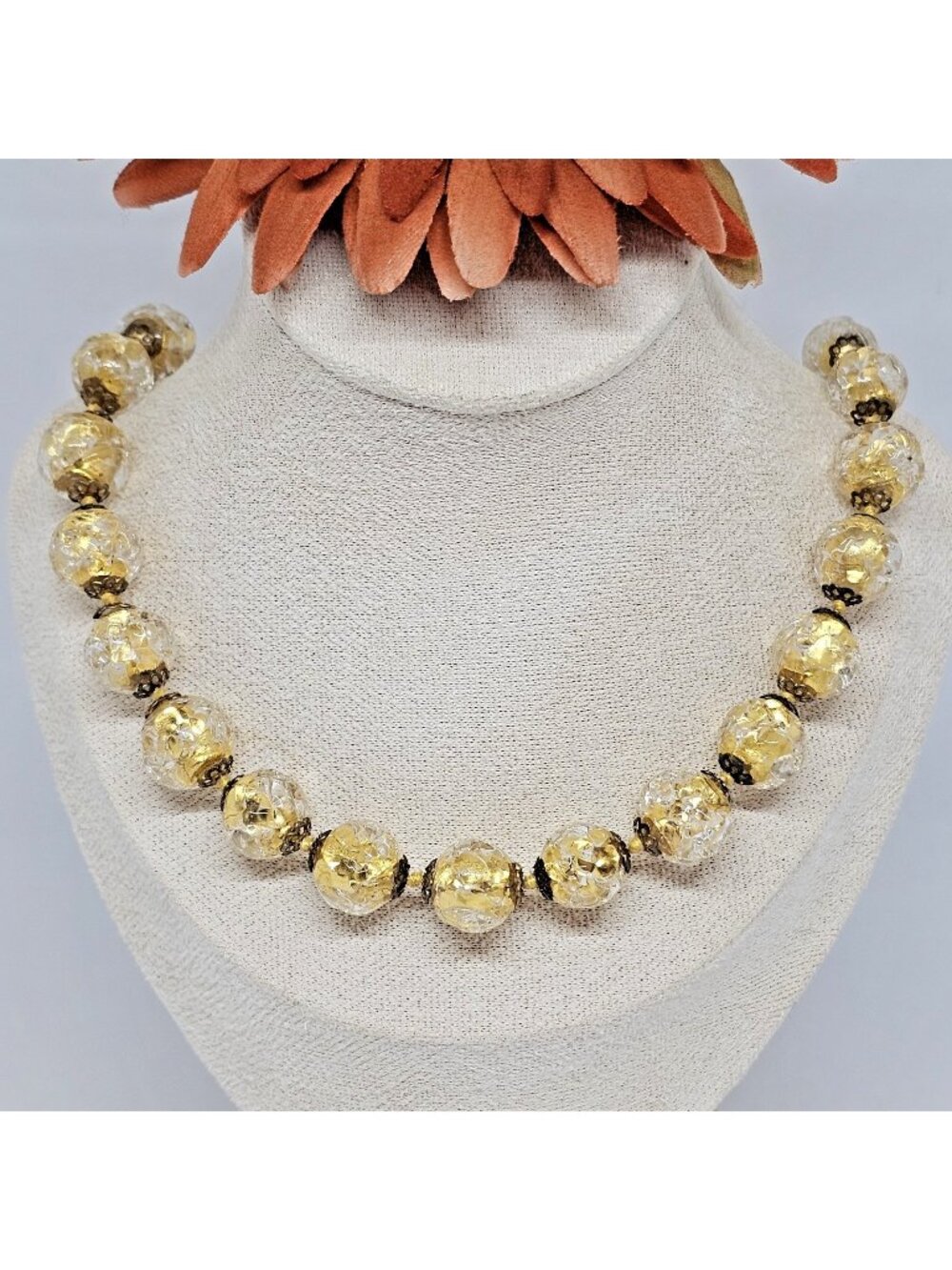 Vintage Venetian Gold Foil Bead Necklace 18" Choker Glass Jewelry